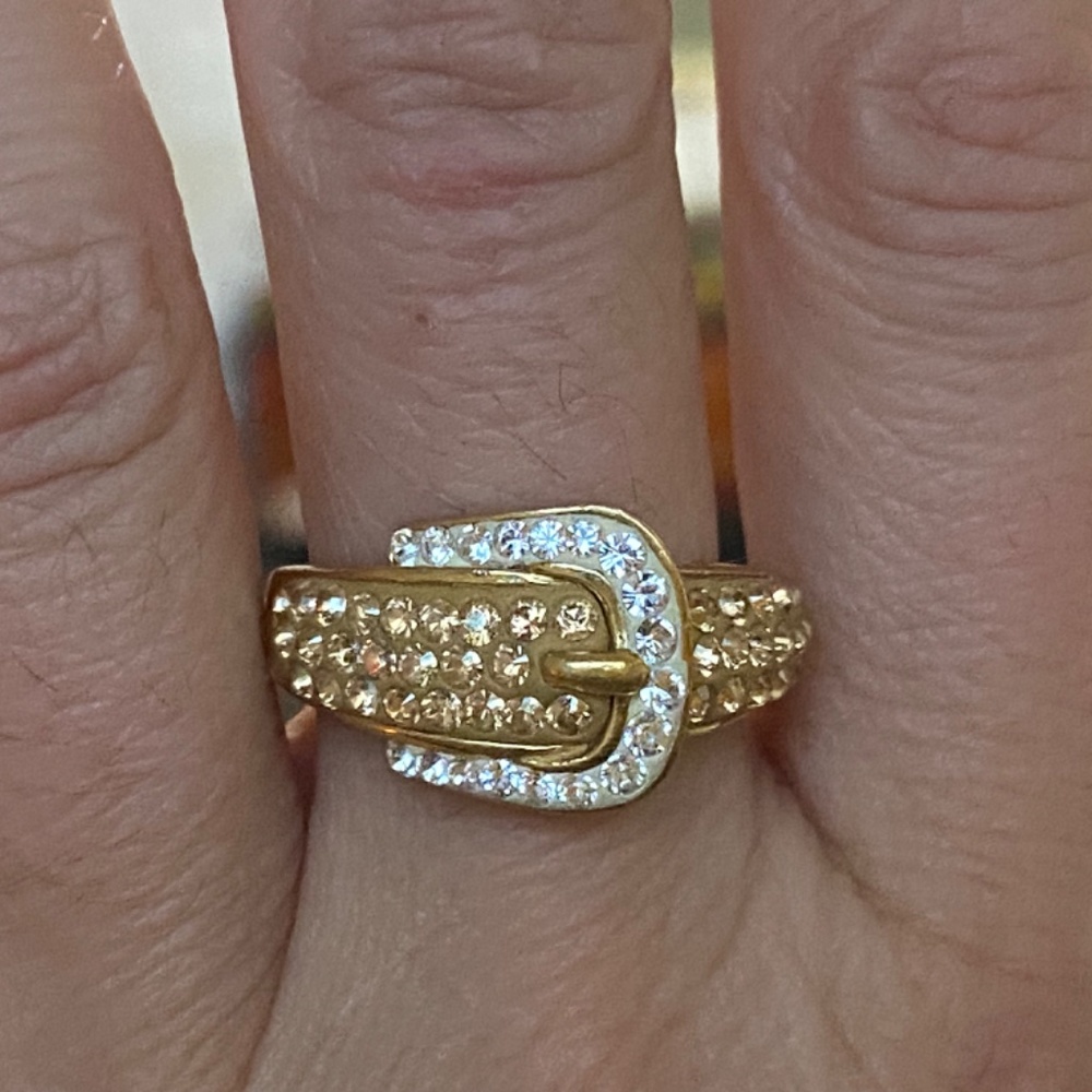 Sterling Silver with gold plating, stamped 925 & crystals buckle ring